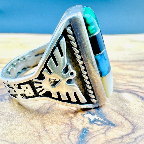Antique Zuni MOP Turquoise Jasper Carnelian Lapis Malachite IObsidian Ring - Picture 4 of 8